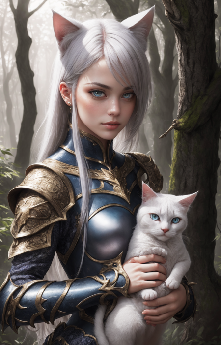 3978531565-673067852-girl holding cat, cat ears, chibi, blue, gold, white, purpple, dragon scaly armor, forest background, fantasy style, (dark shot_.png